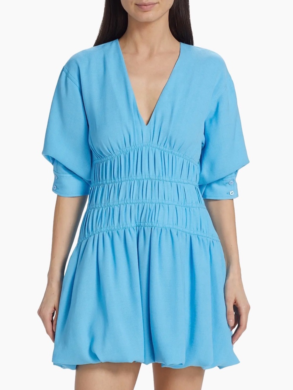 Jonathan Simkhai Light Blue V-Neck Smocked Mini Dress